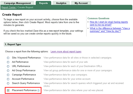 Placement Performance Adwords Report