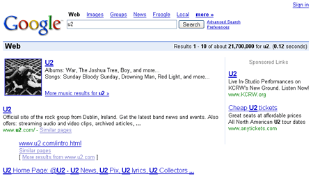 Αναζήτηση για το μουσικό συγκρότημα U2 στο Google