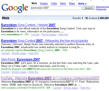 Google Results Eurovision 2007